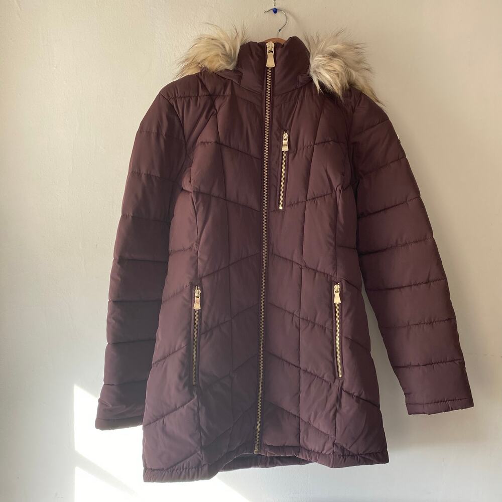 Calvin Klein Womans Repel Eggplant Faux Fur Trimmed Winter Puffer Coat SZ‎ S